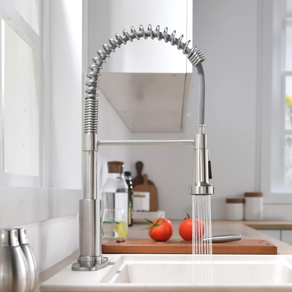 OWOFAN Kitchen Faucet with Pull Down Sprayer Brushed Nickel Stainless Steel 1 Handle Pull Out Spring Sink Faucets 1 Hole Or 3 Hole Dual Function for Farmhouse Camper Laundry Utility Rv Wet Bar