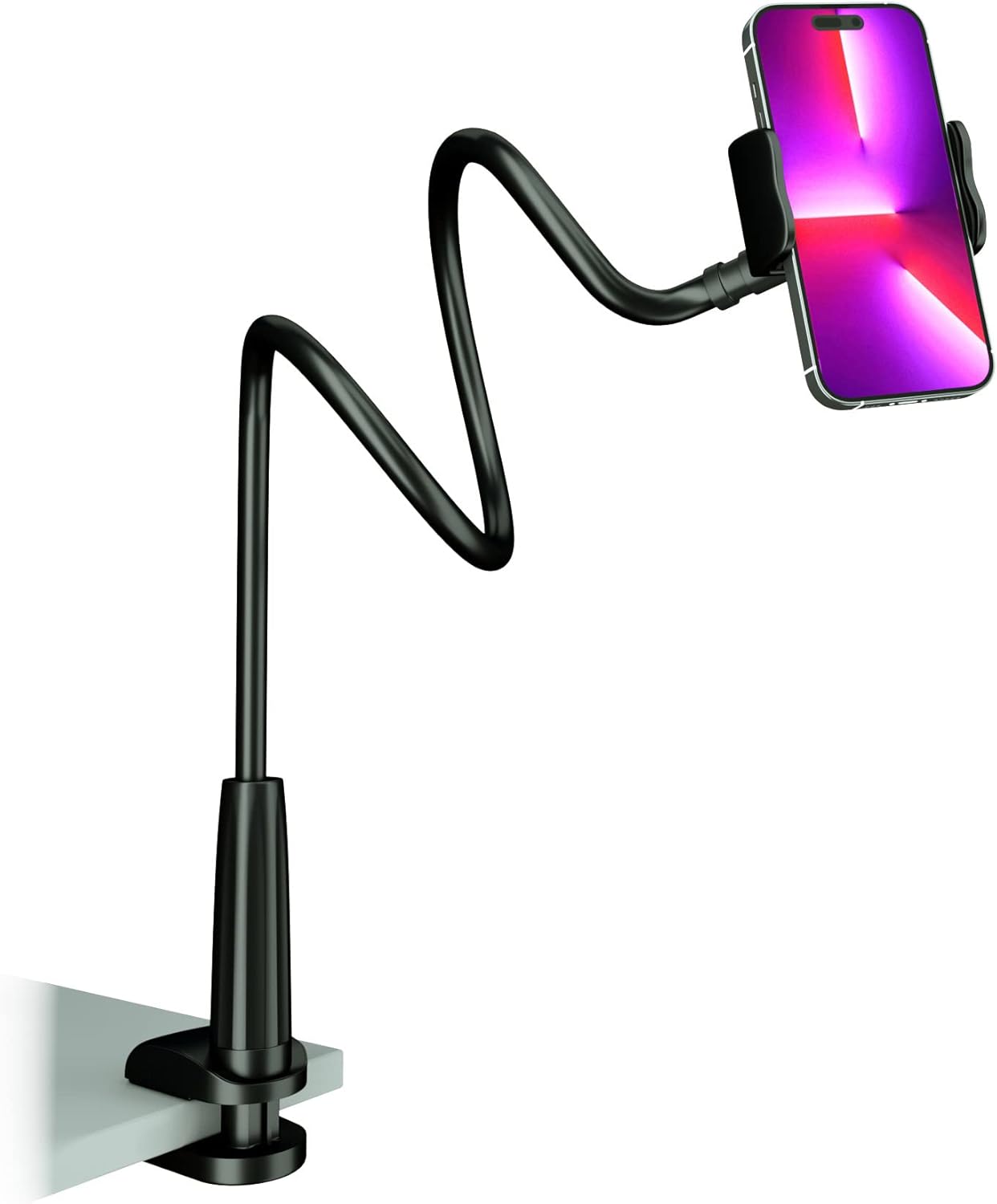 Cell Phone Clip Bed Stand Holder, with Grip Flexible Long Arm Gooseneck Bracket Mount Clamp for Desk, Compatible with iPhone 17/16 Pro Max, 15, 14 or Other 3.5-7" Devices (Black)