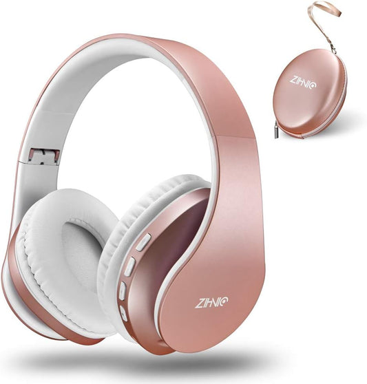 ZIHNIC Bluetooth Headphones Over-Ear – Foldable Wireless & Wired Stereo Headset, FM & Micro SD, Lightweight Rose Gold