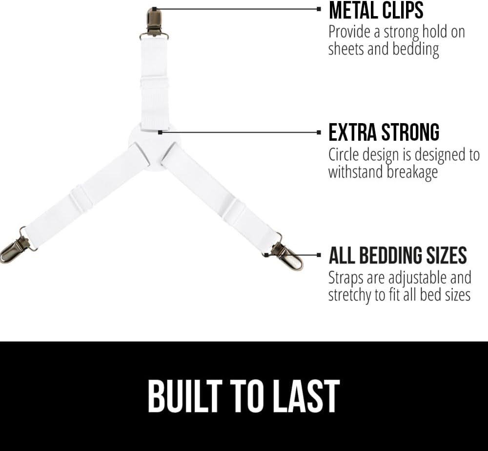 GORILLA GRIP Patent Pending Bed Sheet Holders, Adjustable Elastic Fasteners with Metal Clips, Keep in Place Fitted Bedding Straps, Firm Tight Suspenders for Mattress, US Designed, 4 Pack White