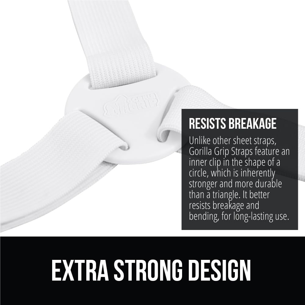 GORILLA GRIP Patent Pending Bed Sheet Holders, Adjustable Elastic Fasteners with Metal Clips, Keep in Place Fitted Bedding Straps, Firm Tight Suspenders for Mattress, US Designed, 4 Pack White