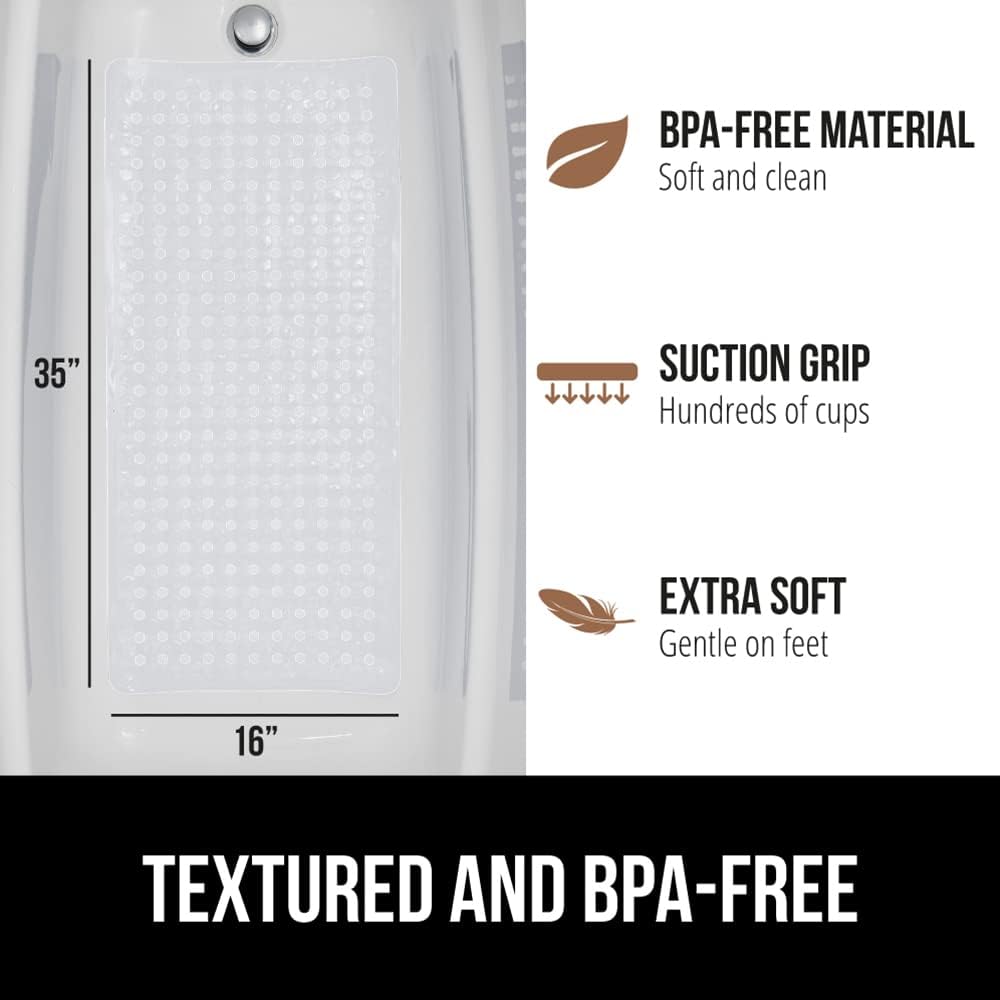 GORILLA GRIP Patented Bath Tub Shower Mat, Machine Washable Bathtub Floor Liner Mats, Suction Cups and Drain Holes to Keep Tubs Clean, Soft on Feet, Bathroom Essentials, 35x16 Inch, Clear