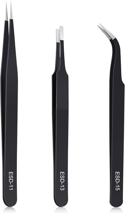 3PCS Precision Tweezers Set, Upgraded Anti-Static Stainless Steel of Tweezers, for Electronics, Soldering, Laboratory Work, Jewelry-Making, Model, Craft