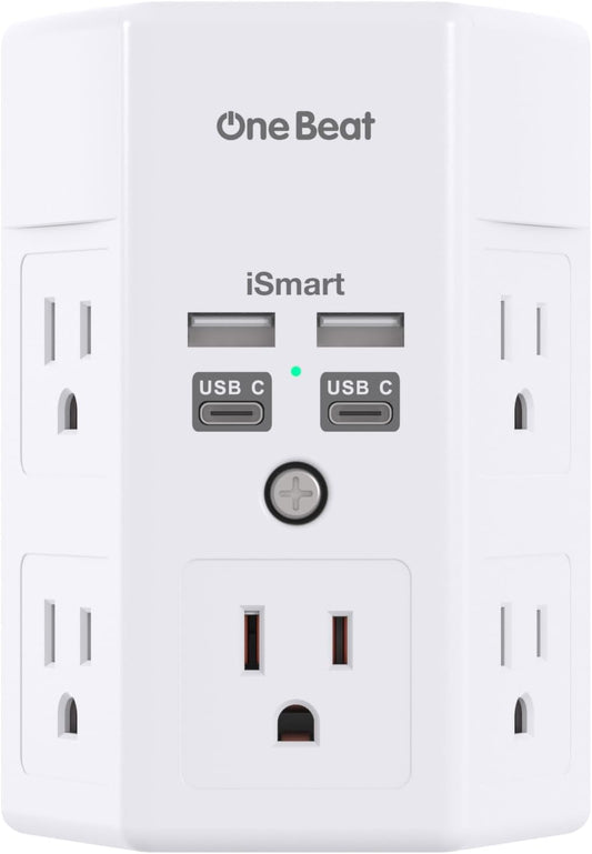One Beat 1680J 3 Side Power Strip Multi Plug Expander, Surge Protector, 5 Outlets Extender, 4 USB Ports (USB C), Wall Mount Charger, Outlet Splitter Adapter for Home, Travel, Office, ETL Listed, White
