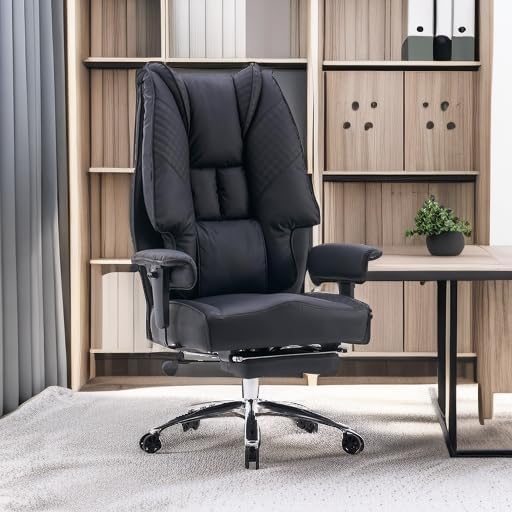 Big and Tall Office Chair 400lbs Wide Seat, Leather High Back Executive Office Chair with Foot Rest, Ergonomic Chairs Lumbar Support for Lower Back Pain Relief (Black)