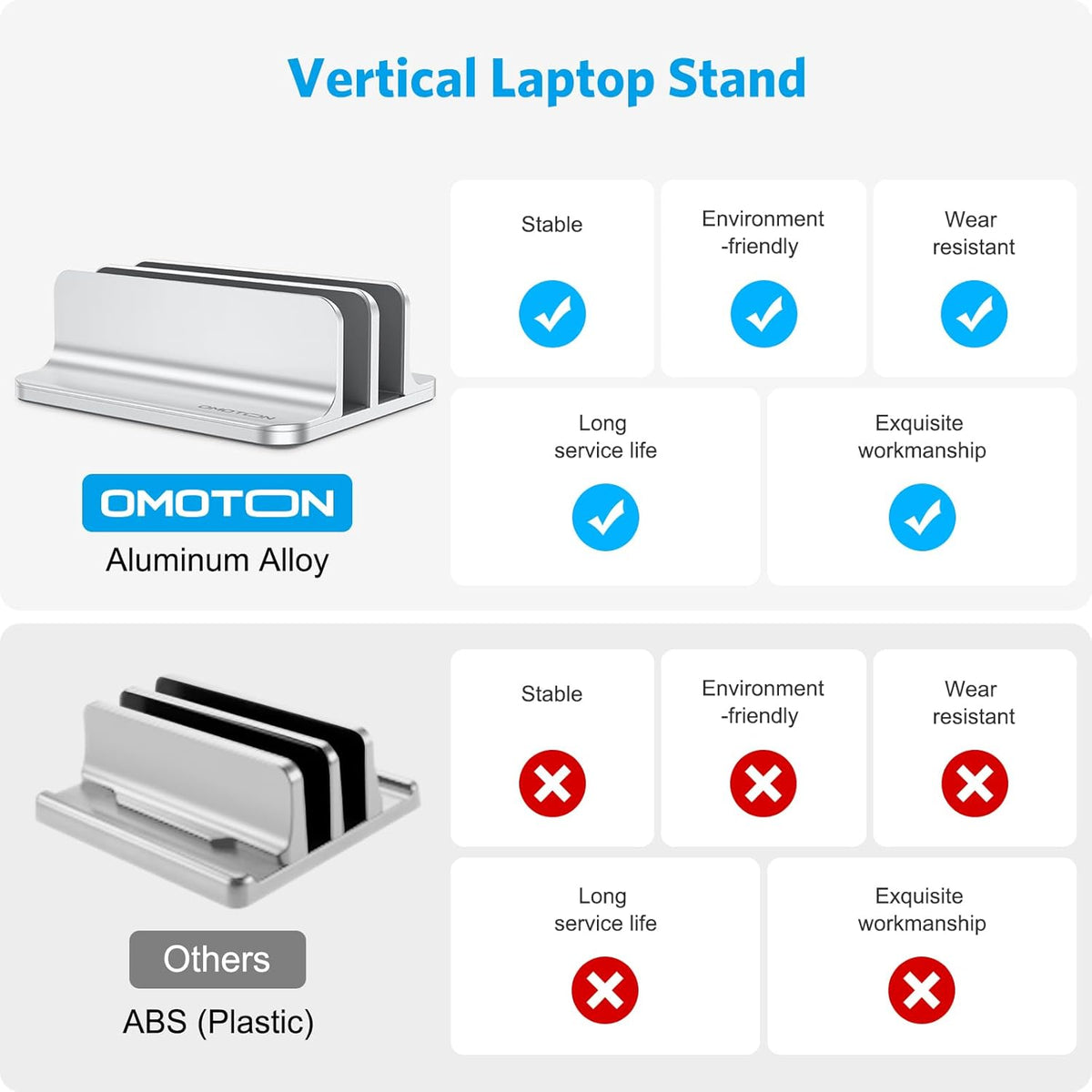 OMOTON Vertical Laptop Stand [Updated Double Version], Desktop Aluminum Mac Book Stand with Adjustable Dock Size, Fits All Mac Book, Surface, Chrome Book and Gaming Laptops (Up to 17.3 inch) (Silver)