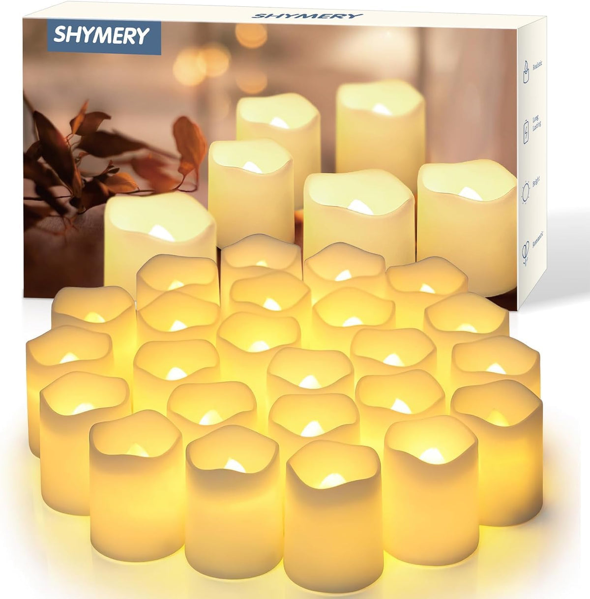 SHYMERY Flameless Votive Candles,Flameless Flickering Electric Fake Candle,24 Pack 200+Hour Battery Operated LED Tea Lights in Warm White for Wedding, Table 1.5"X1.7"
