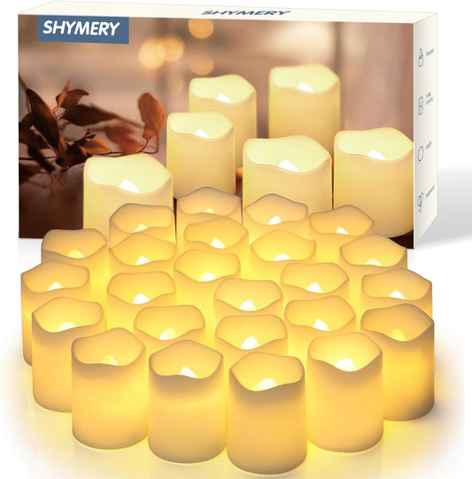 SHYMERY Flameless Votive Candles,Flameless Flickering Electric Fake Candle,24 Pack 200+Hour Battery Operated LED Tea Lights in Warm White for Wedding, Table 1.5"X1.7"
