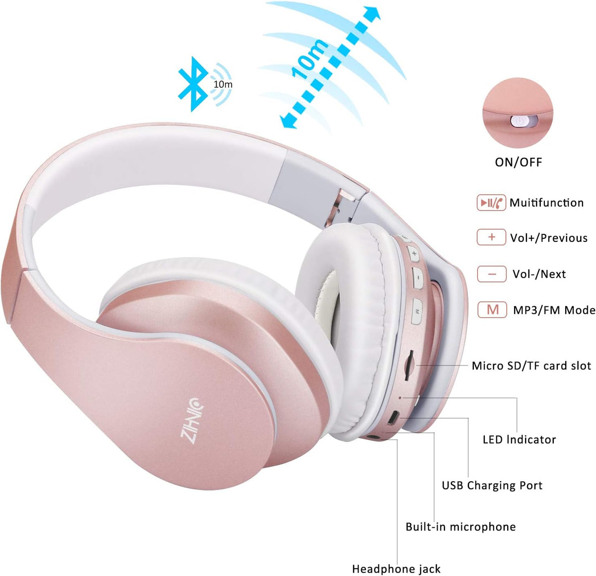 ZIHNIC Bluetooth Headphones Over-Ear – Foldable Wireless & Wired Stereo Headset, FM & Micro SD, Lightweight Rose Gold