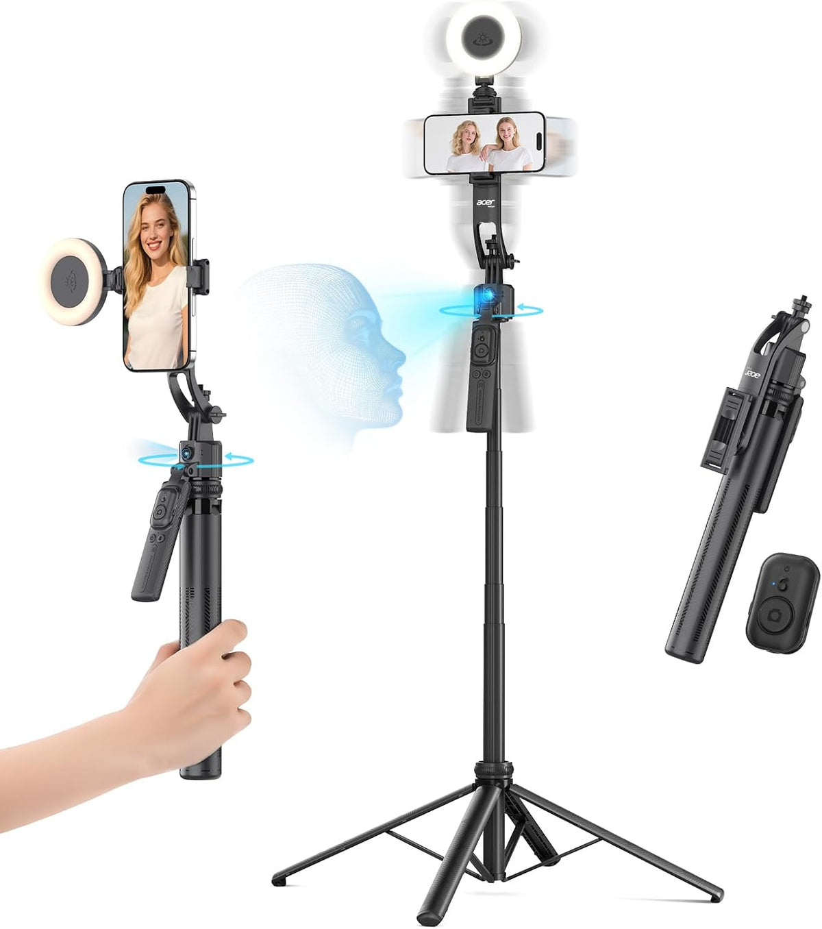 acer Auto Face Tracking Tripod for iPhone/Cell Phone/Android/Camera with Light and Remote, 64", No App, 360°Rotating Tripod Selfie Stick for Tiktok YouTube Vlog Live Streaming Video Recording