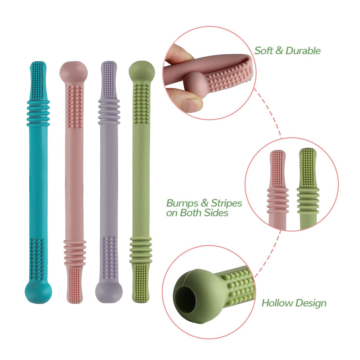 Fu Store Hollow Teether Tube Chew Straw Toy for Infant Toddlers Silicone Tubes Teething Toys for Babies 3-12 Months BPA Free/Freezable/Dishwasher and Refrigerator Safe (5 Pack)