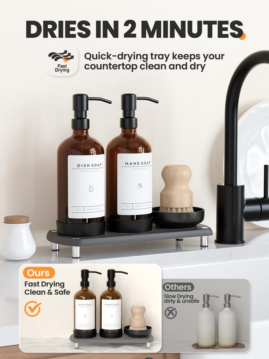 Kitchen Soap Dispenser Set - 16OZ Amber Glass Bottle, Stainless Steel Pump, Instant Dry Tray, Waterproof Labels, Non-Slip Silicone Pad, and Dish Brush | Upgrade for Your Kitchen and Bathroom