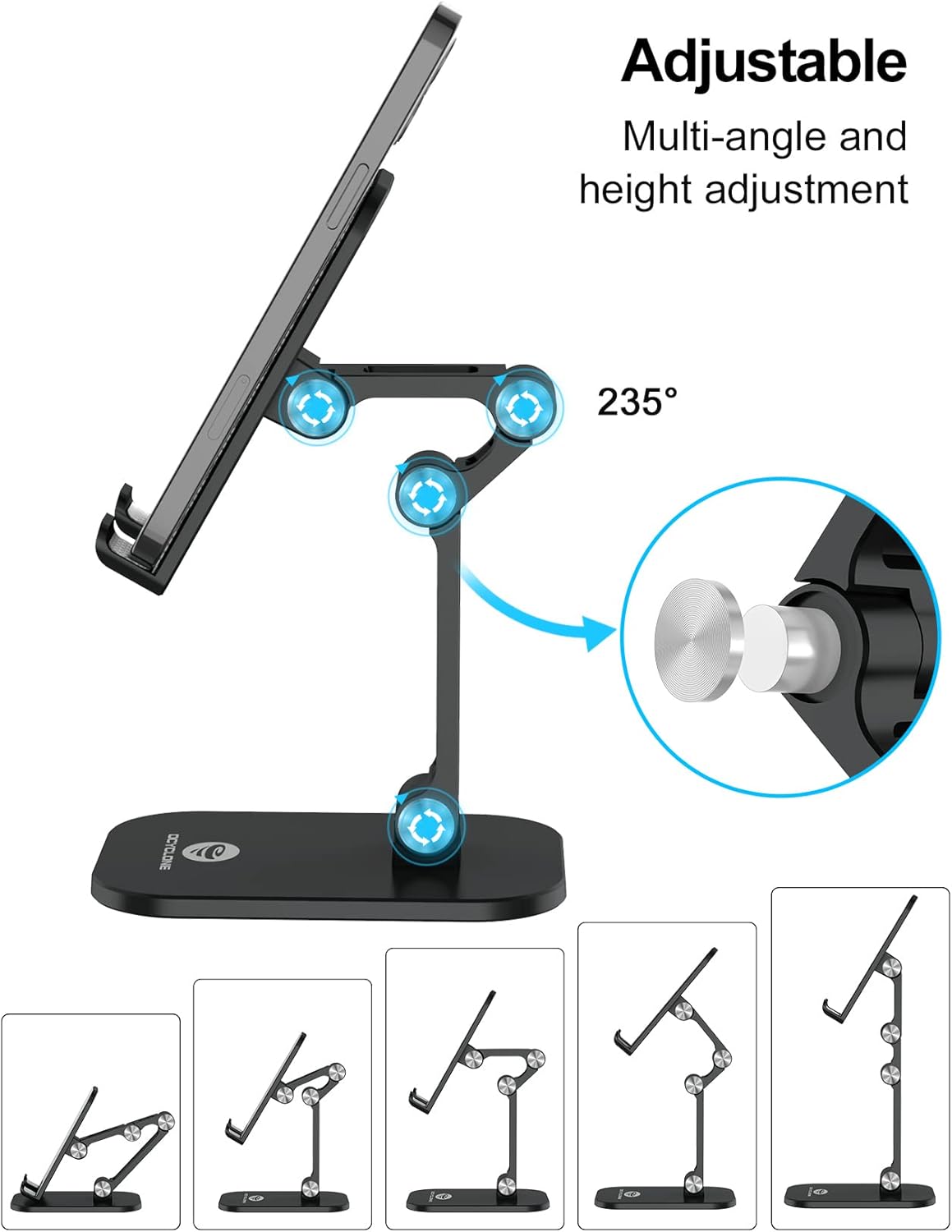 OCYCLONE Phone Stand, Adjustable Height and Angle Foldable Cell Phone Stand Holder for Desk, Taller iPhone Stand Compatible with 4.7"-13" Smartphones iPad Tablet, Black
