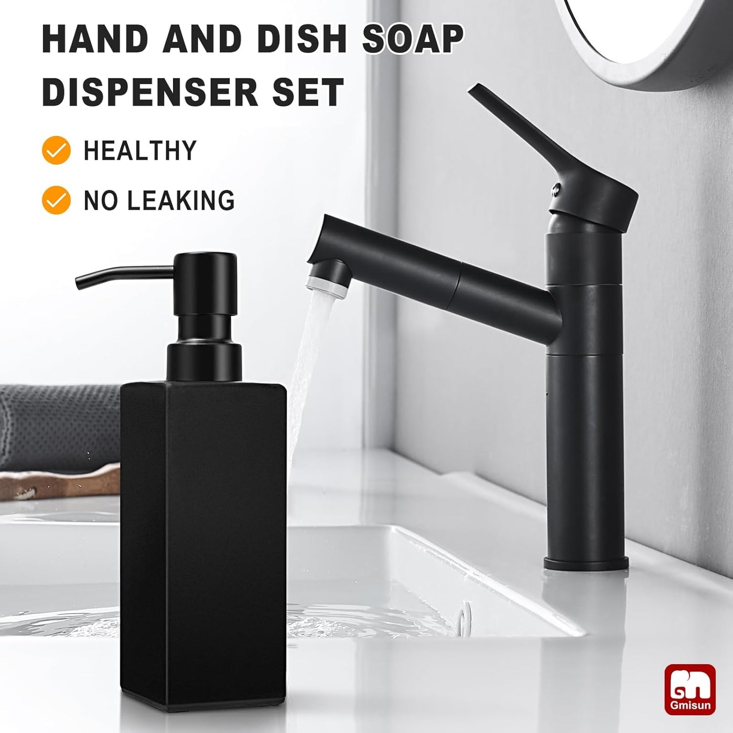 GMISUN Black Soap Dispenser Bathroom, Glass Hand Soap Dispenser with Stainless Steel Pump, 12 fl oz/350ml Refillable Dish Dispensers for Kitchen, Modern Liquid Lotion Bottles for Bathroom Countertop