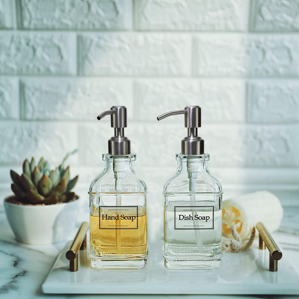 JASAI Antique Design Soap Dispenser with Rust Proof 304 Stainless Steel Pump, Refillable Glass Soap Dispenser with 10Pcs Clear Stickers, Premium Kitchen & Bathroom Soap Dispenser