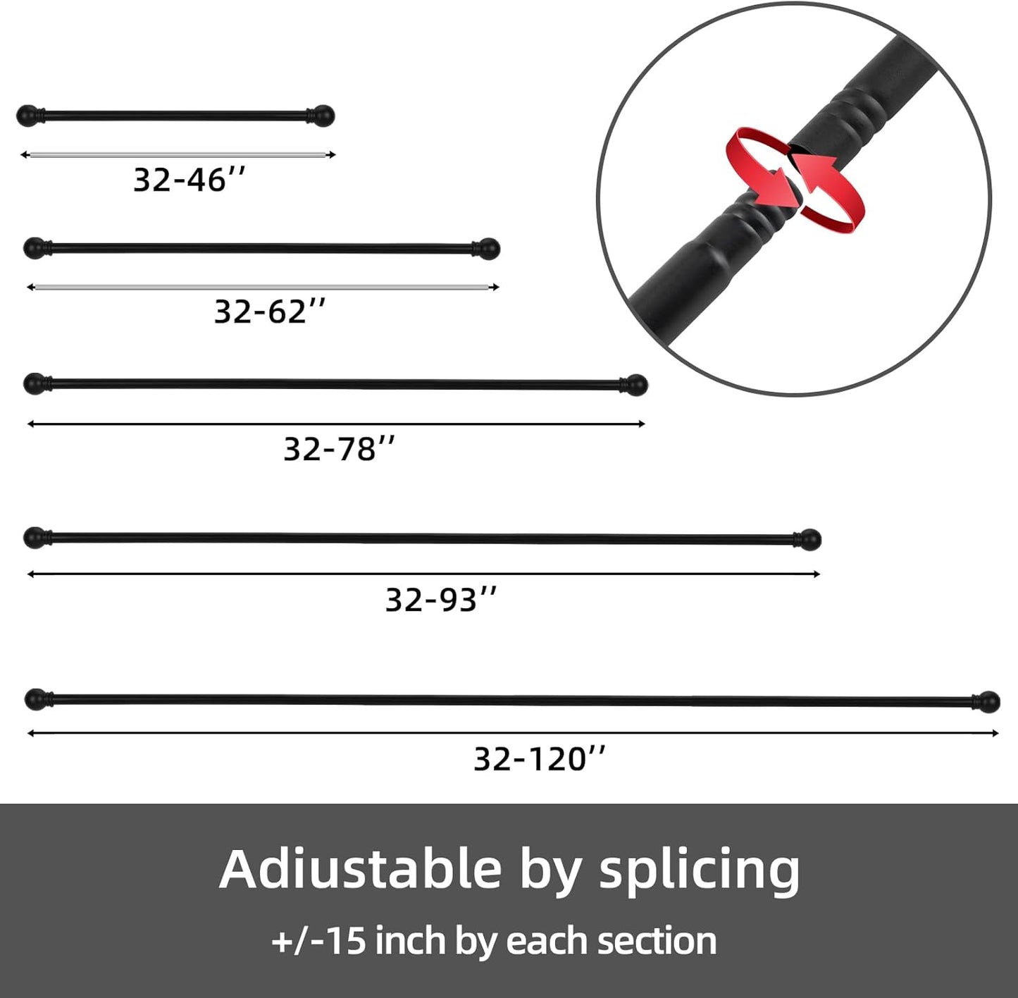 Curtain Rods for windows 32-48 inch, 5/8 inch Decorative Curtain Rod Set, Matte Black Splicing Heavy Duty Metal Curtain Rod with Brackets
