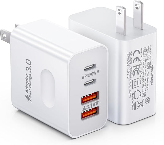 [2-Pack] USB C Wall Charger, 40W 4-Port Fast Charging Block USB C Charger Dual USBC Power Adapter + QC Wall Plug Multiport Brick Type C Block for iPhone 17 16 15 14 13 12 11 Pro Max, iPad, Samsung
