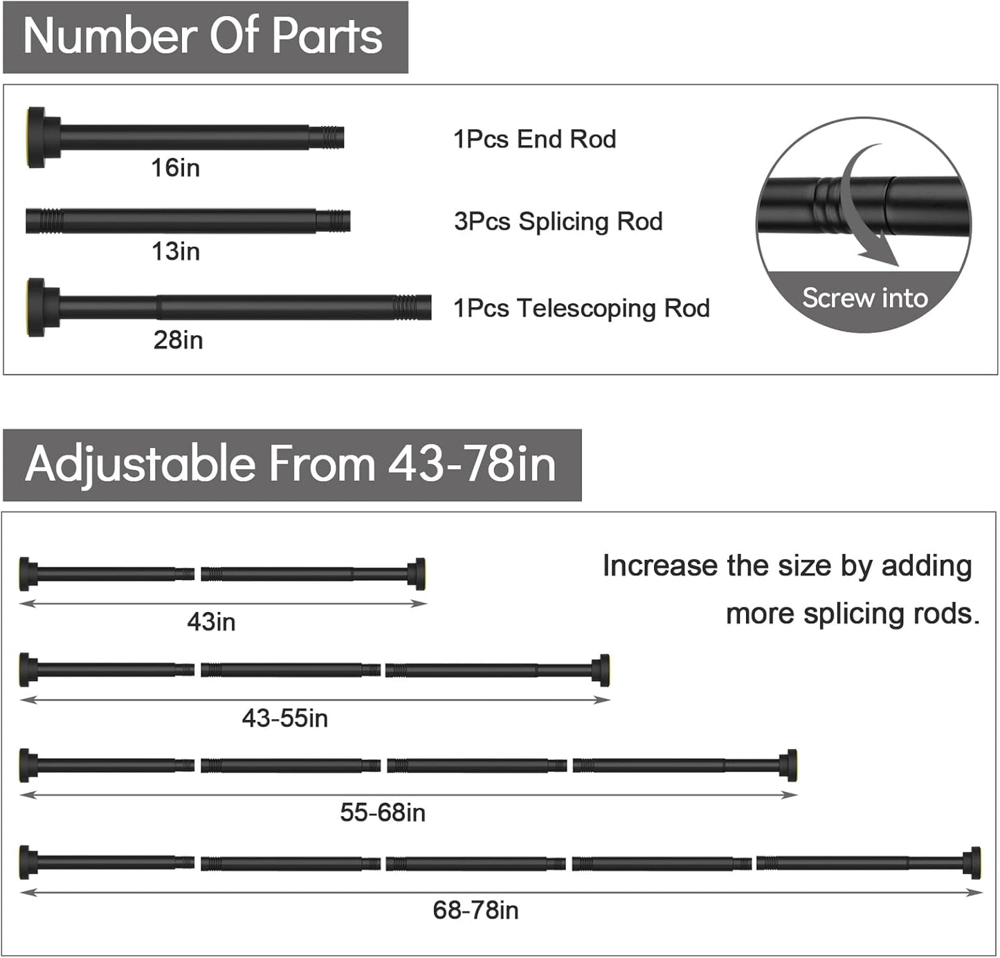 Shower Curtain Rod Adjustable 43-78 inch, 1"Diameter Spring Tension Curtain Rod No Drill, Anti-Rust Non-Slip Shower Rod, Black Shower Curtain Rod for Bathroom Tension
