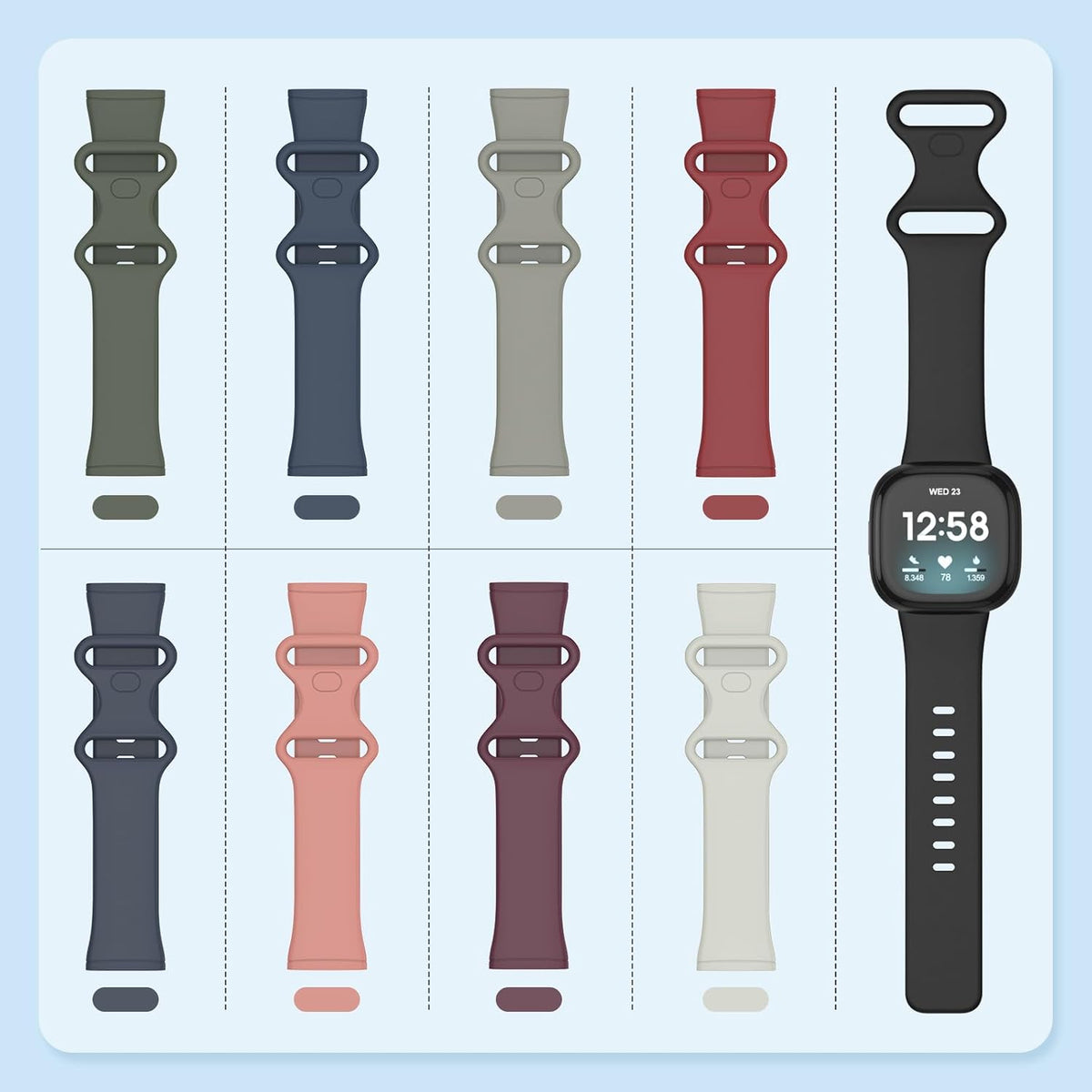 2 Pack Waterproof Bands Compatible with Fitbit Versa 3 / Fitbit Versa 4 / Fitbit Sense/Sense 2 Bands, Classic Soft Sports Replacement Wristbands for Women Men (Large 7.1''-8.7'', black/black)