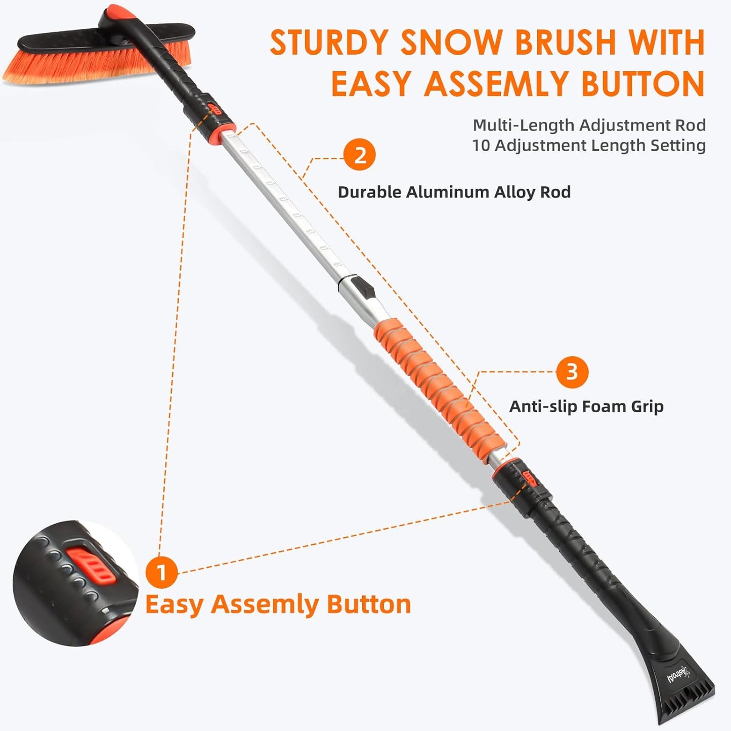 AstroAI 47.2" Ice Scrapers for Car Windshieldand Extendable Snow Brush with Foam Grip and 360° Pivoting Brush Head for Car Auto Truck SUV(Orange)