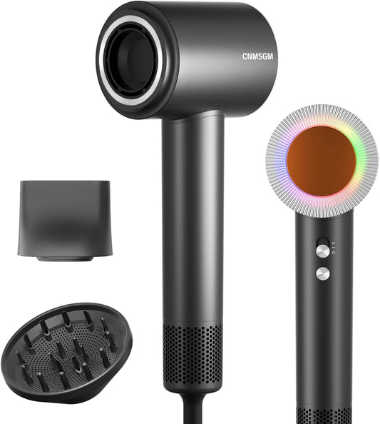 Hair Dryer, High Speed Ionic Blow Dryer, 5X-Fast Drying, 2 Billion Negative Ions, Low Noise,160000 RPM, Compact Blow Dryer with Magnetic Diffuser for Faster Drying All Hair Types(Black Gray)