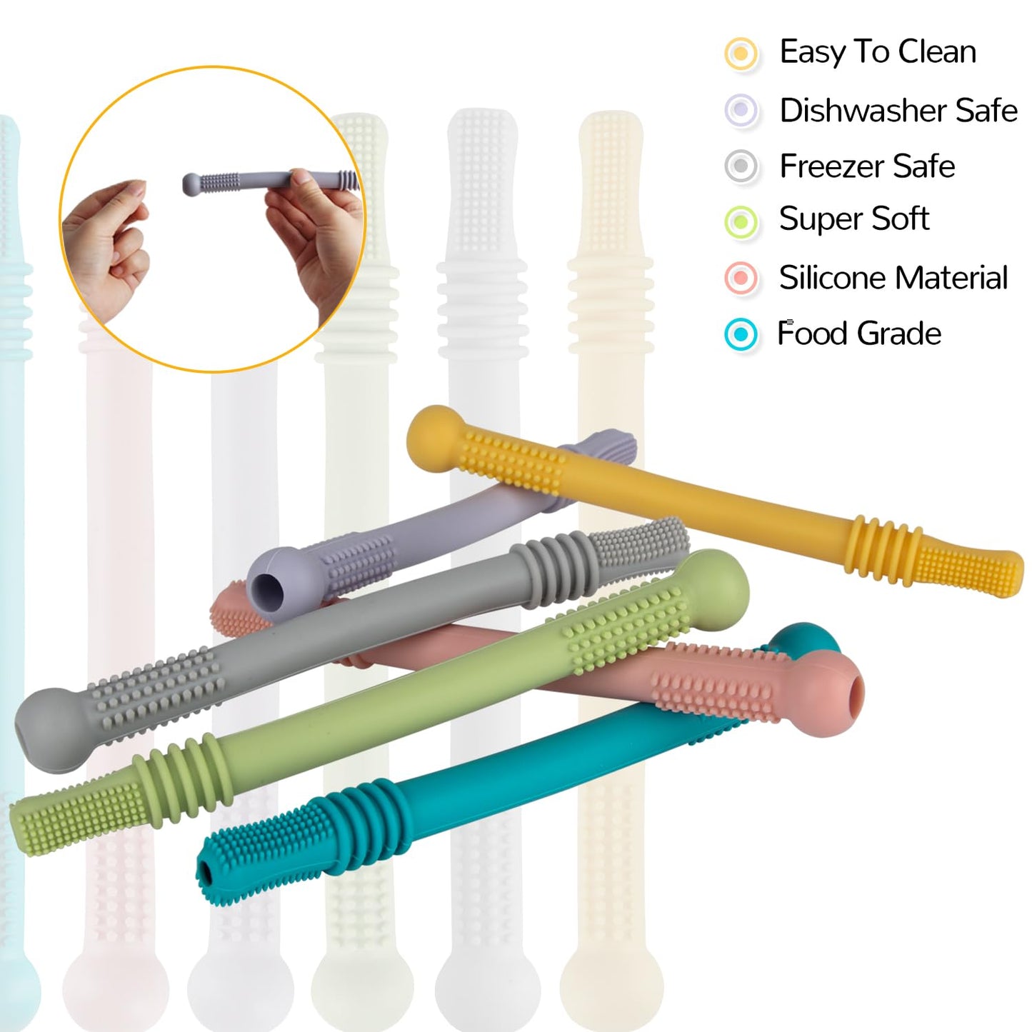 Fu Store Hollow Teether Tube Chew Straw Toy for Infant Toddlers Silicone Tubes Teething Toys for Babies 3-12 Months BPA Free/Freezable/Dishwasher and Refrigerator Safe (5 Pack)