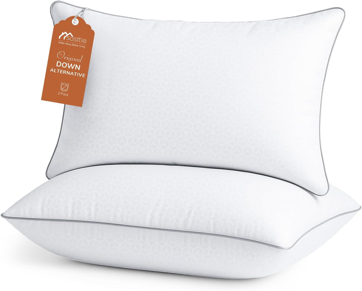 Sasttie Pillows Queen Size Set of 2, Bed Pillows for Side, Back, and Stomach Sleepers - Oeko-Tex Certified Down Alternative Plump Filling - Hotel Quality and Machine Washable, 2 Pack