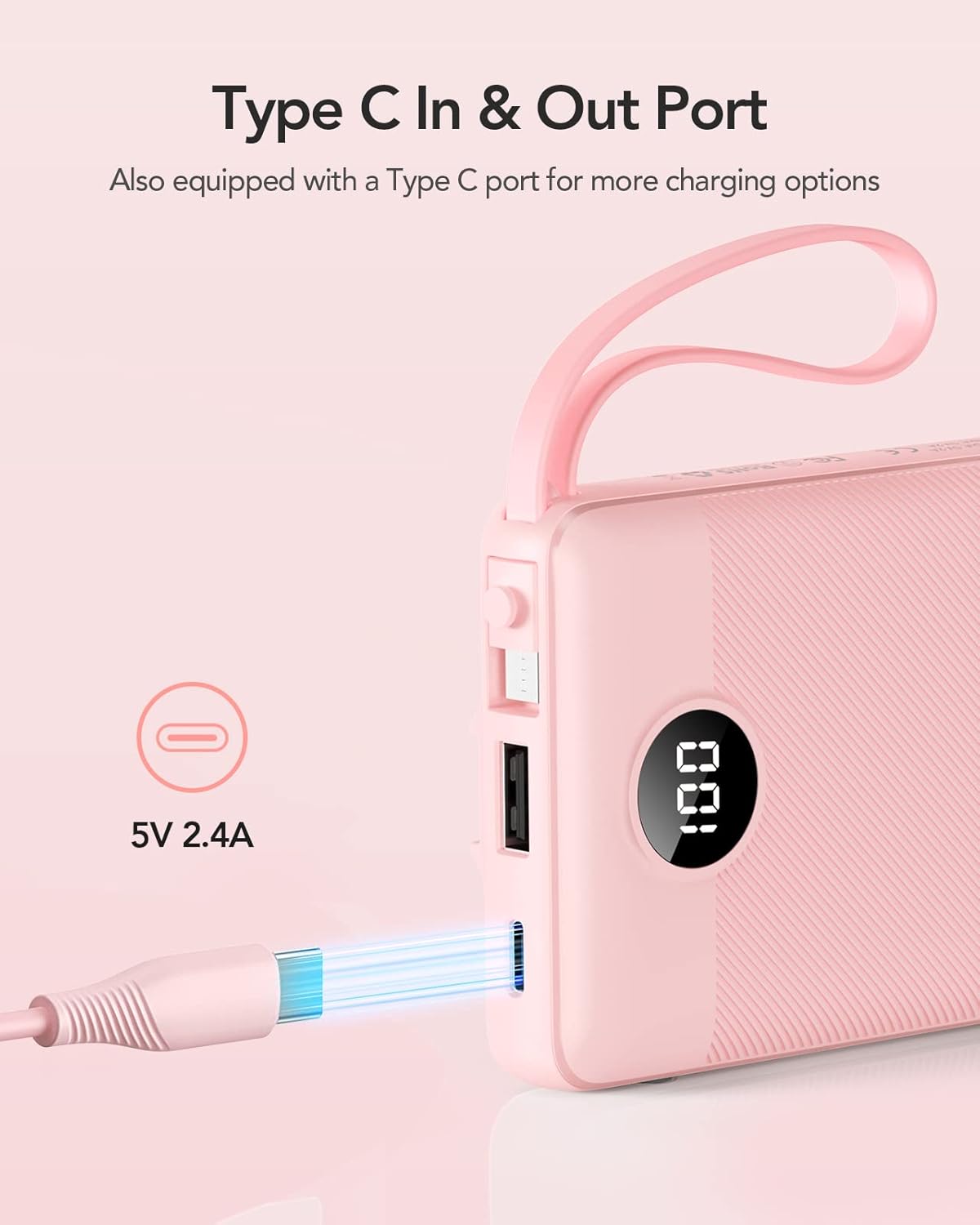 VRURC Portable Charger Power Bank, 10000mAh Travel Essentials Battery Pack, Compact Charging Bank Built-in Cables Cords Compatible with iPhone 17 Pro 17 16 15 14 13, Samsung Phones-Pink(1 Pack)
