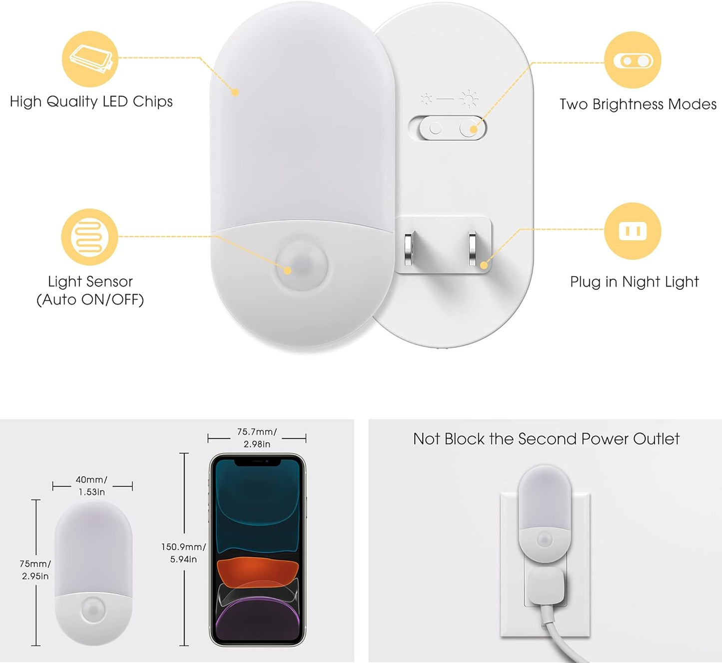 L LOHAS LED Night Lights Plug into Wall, [2 Pack] LED Dimmable Night Light with Light Sensors, 30/60LM Adjustable Brightness Nightlights, Soft White 3000K Automatic Night Light for Kid, Hallway