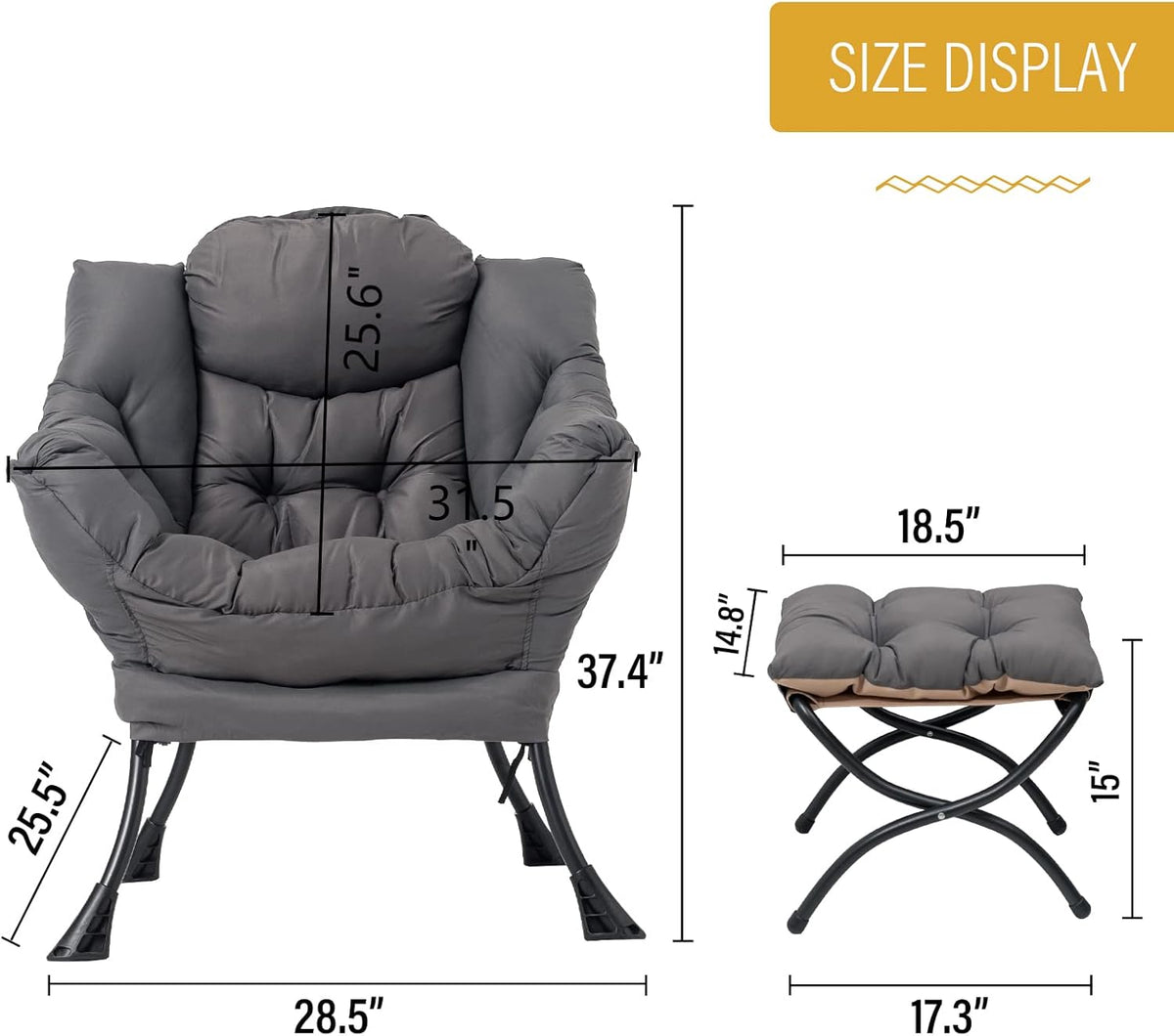 Welnow Lazy Chair with Ottoman, Modern Lounge Accent Chair with Armrests and a Side Pocket, Leisure Sofa Armchair, Reading Armchair with Footrest for Small Space, Dark Grey