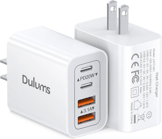 40W USB C Charger Cube, 2-Pack Wall Plug Fast Charging Block, 4-Port PD+QC Power Adapter Multiport Brick Type C Box for iPhone 17/16/15/14/13/12/11/Pro Max/XS/XR/8/7, Tablets, Cellphones
