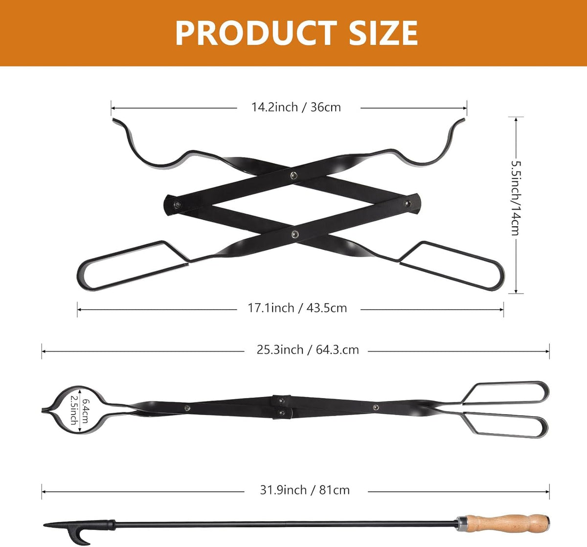 Heavy Duty 32” Long Fireplace Fire Pit Campfire Poker Stick and 26” Fireplace Tongs Tool Sets, Log Grabber, Rust Resistant Black Finish Camping Fireplace Tools for Indoor/Outdoor
