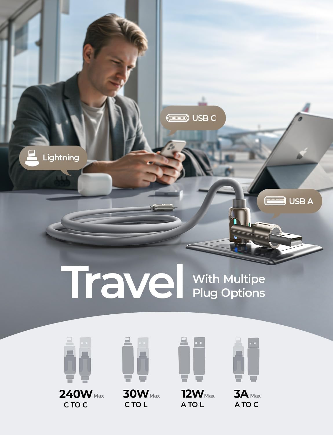 USB C to Lightning Cable, Chubby 240W 4 in 1 Charging Cable 6.6FT, USB A/C to C/Lightning with Light for Valentines Day Gifts Fits iPhone 17 16 15 14 Pro Max/MacBook/iPad/Samsung S25/Switch/PS5