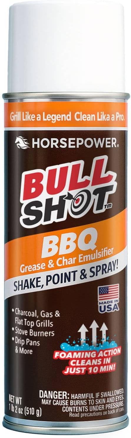 Bull Shot BBQ, Foaming Grill Cleaner, AS SEEN ON TV, Professional Strength Foam Spray Emulsifies Burnt Grease & Char on Grates, Racks, Pans, Smokers & Griddles Cleans in Just 10 Min