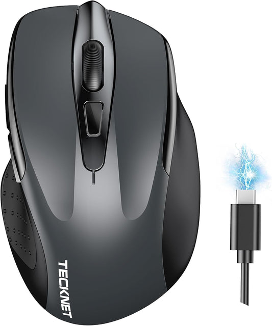 TECKNET Wireless Mouse (BT5.0/3.0 & 2.4G) Rechargeable 4800 DPI Silent USB A & Bluetooth Mouse 6 Buttons, Wide Compatibility - Grey