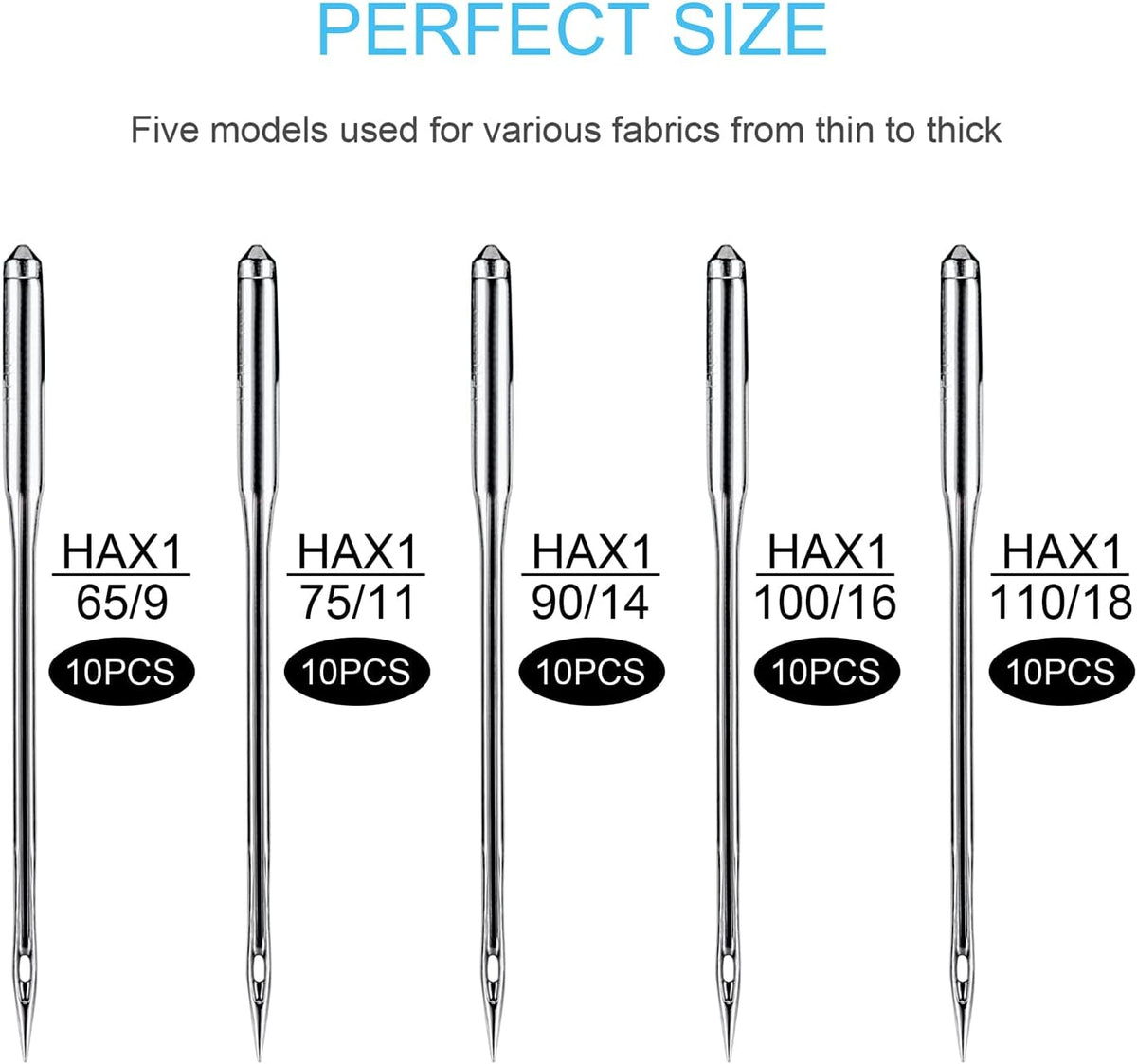 Sewing Machine Needles, 50 PCS Universal Sewing Machine Needle, Compatible with Singer, Brother, Janome, Varmax, Sizes HAX1 65/9, 75/11, 90/14, 100/16, 110/18 (50 PCS)