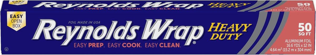 Reynolds Wrap Heavy Duty Aluminum Foil Roll, Thick Heavy Duty Foil for Added Strength and Durability, Secure Easy Open and Close Tab, 12 Inches Wide, 50 Sq. Ft.