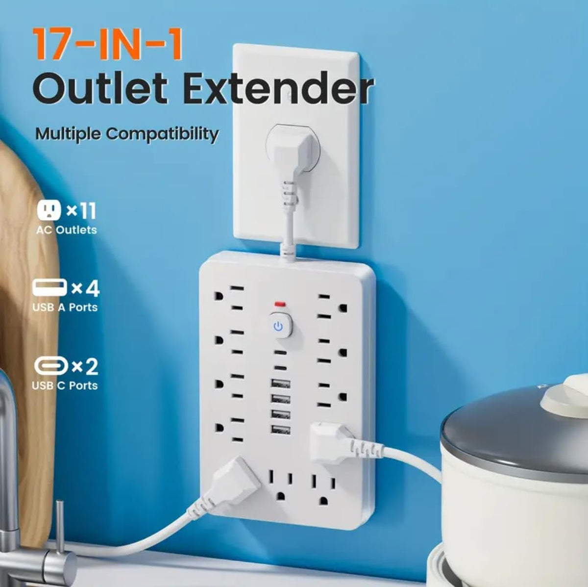 Versatile 17-in-1 Power Hub with Surge Protection - Includes 11 AC Outlets, 4 USB Ports & 2 Type-C