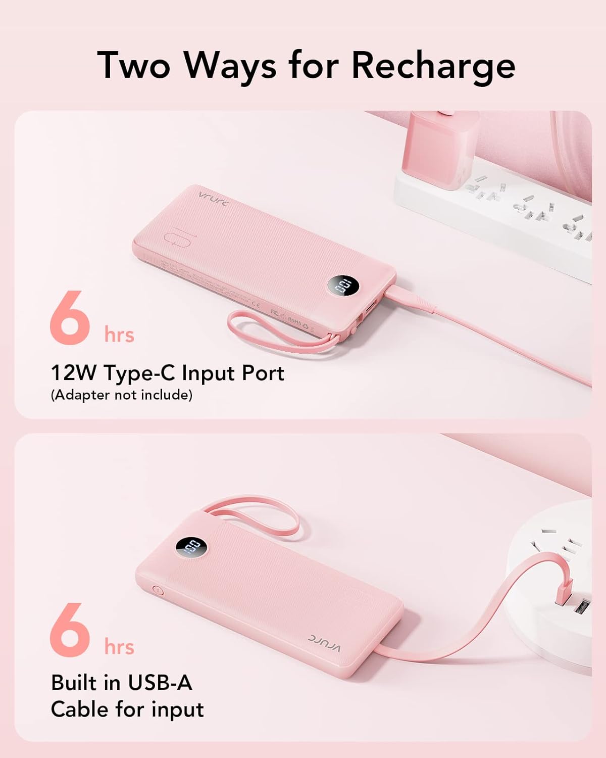VRURC Portable Charger Power Bank, 10000mAh Travel Essentials Battery Pack, Compact Charging Bank Built-in Cables Cords Compatible with iPhone 17 Pro 17 16 15 14 13, Samsung Phones-Pink(1 Pack)