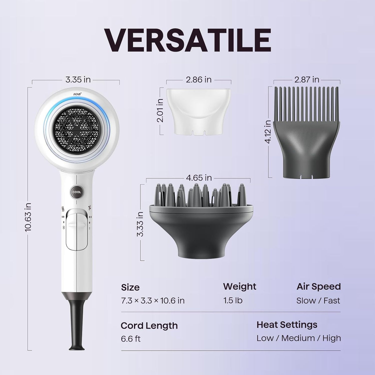 Wavytalk Hair Dryer, Blown Away Ionic Hair Dryer for Curly Hair with Diffuser, 1875W Fast Drying Blow Dryer with Ceramic Technology, 3 Attachments for All Hair Types, Light and Quiet, White
