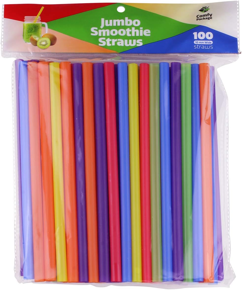 Comfy Package, [100 Count] Jumbo Plastic Smoothie Straws - 8.5"High - Assorted Colors