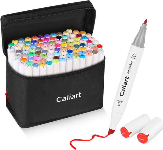Caliart Markers, 100 Colors Dual Tip Art Markers Sketch Pens Permanent Alcohol Based, with Case for Adults Artists Drawing Illustration Sketching Coloring (White Barrel)