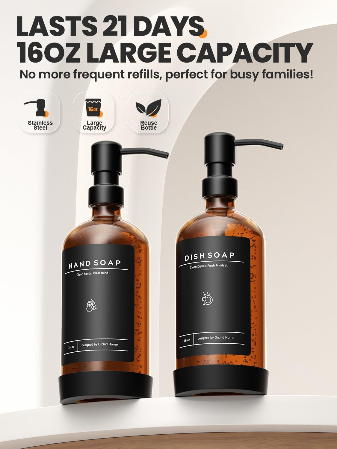 Kitchen Soap Dispenser Set - 16OZ Amber Glass Bottle, Stainless Steel Pump, Instant Dry Tray, Waterproof Labels, Non-Slip Silicone Pad, and Dish Brush | Upgrade for Your Kitchen and Bathroom