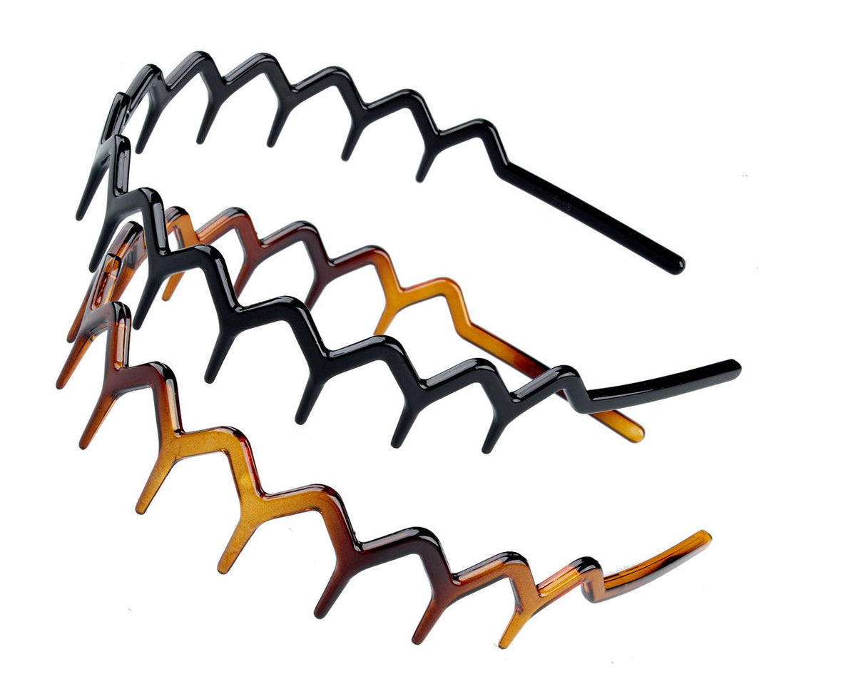 Zig Zag Headbands, Recycled Plastic Wavy Hair Band with Teeth, Headbands for Women and Men, Classic 90s Hair Accessories, (1 Black Color+1 Brown)