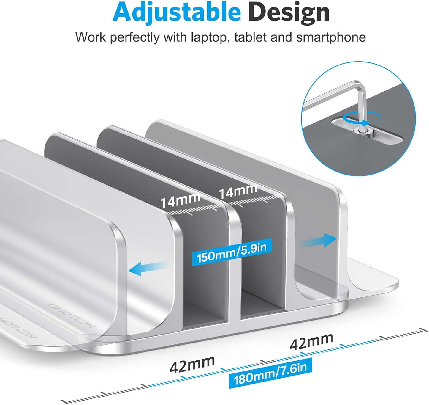 OMOTON Vertical Laptop Stand [Updated Double Version], Desktop Aluminum Mac Book Stand with Adjustable Dock Size, Fits All Mac Book, Surface, Chrome Book and Gaming Laptops (Up to 17.3 inch) (Silver)