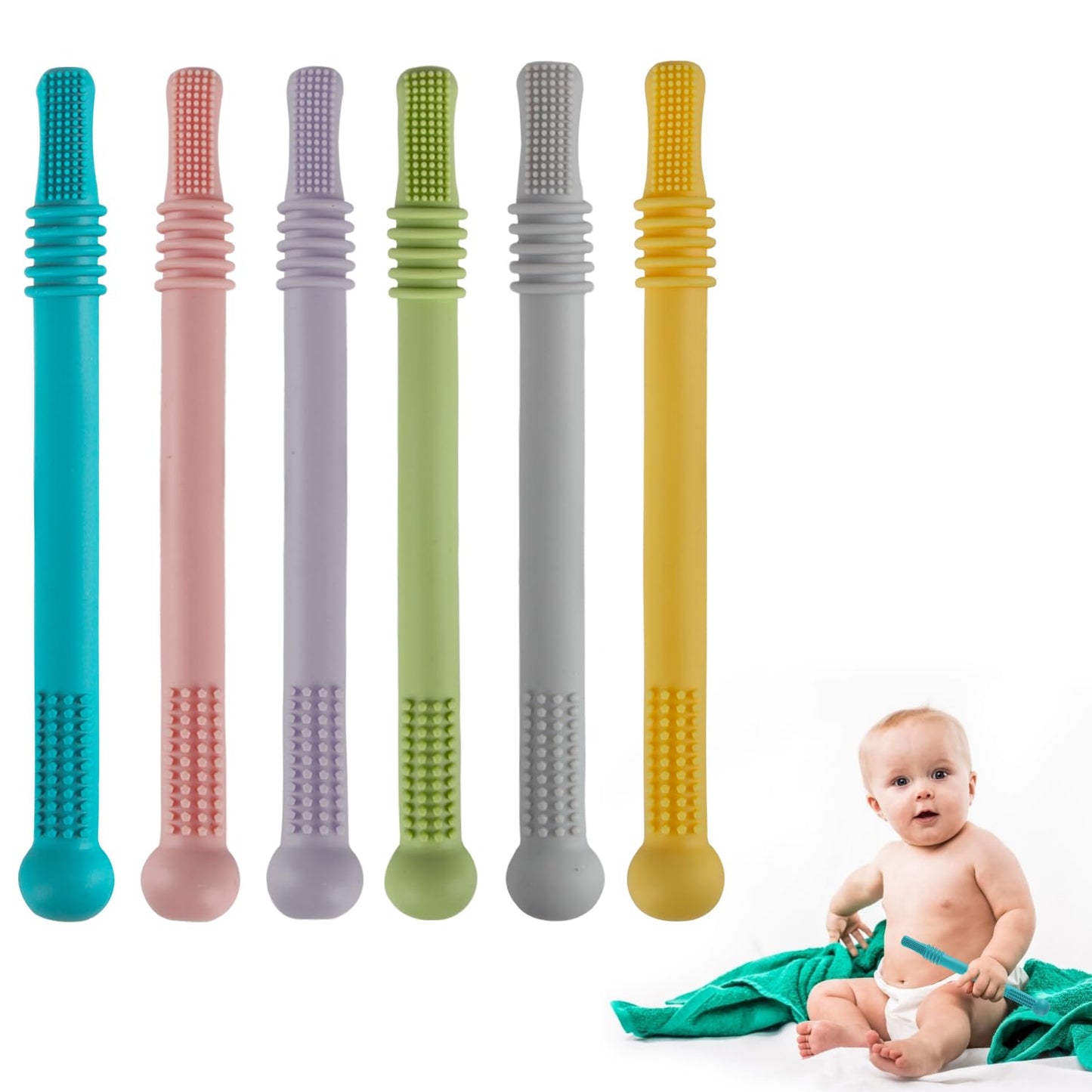 Fu Store Hollow Teether Tube Chew Straw Toy for Infant Toddlers Silicone Tubes Teething Toys for Babies 3-12 Months BPA Free/Freezable/Dishwasher and Refrigerator Safe (5 Pack)