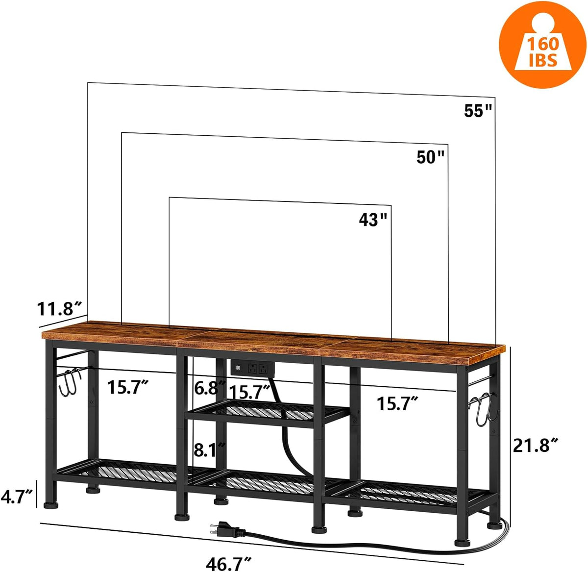 Furologee TV Stand with Power Outlets, Entertainment Center with Open Storage Shelves for TVs up to 55 Inch, Media Console Table with Soundbar Shelf for Living Room, Bedroom, Rustic Brown