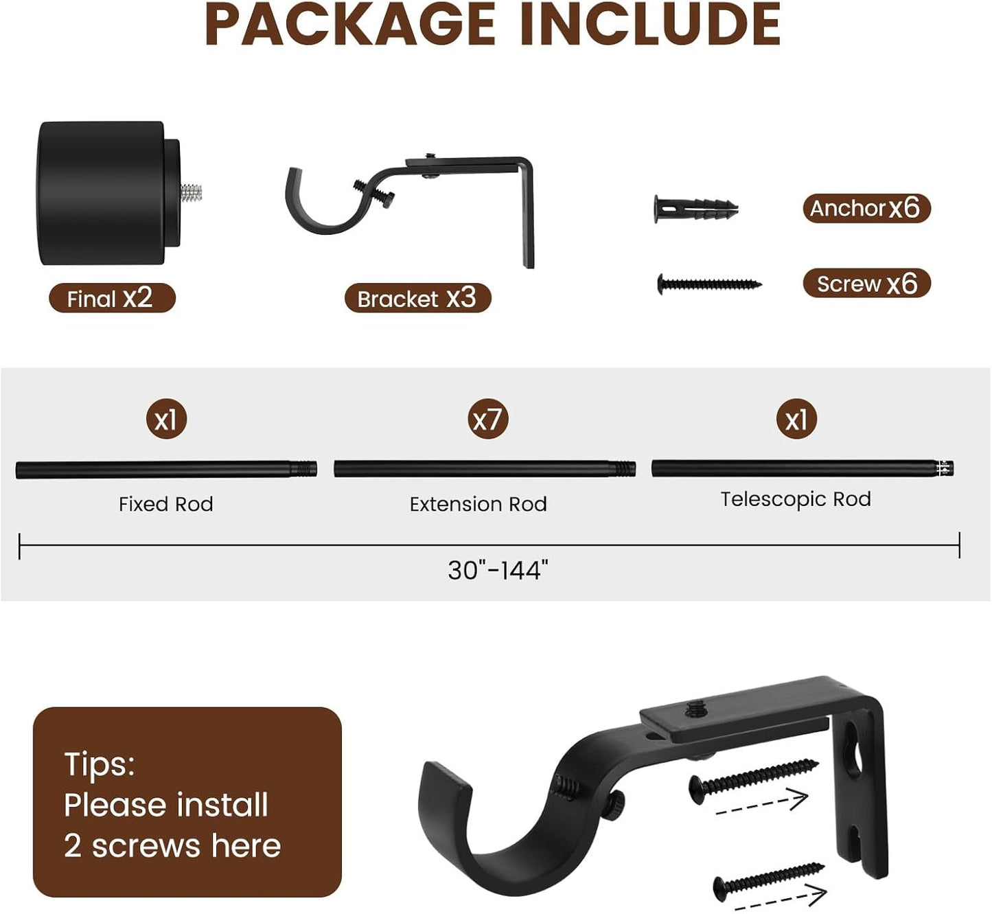 1” Diameter Curtain Rods Itself is 30 to144 inch 1 Pack Fit 30-142 inch, 66 to 120 inch Window with Heavy Duty Adjustable Rod Matte Black Curtain Splicing Metal Extra Long Curtain Rod for Windows