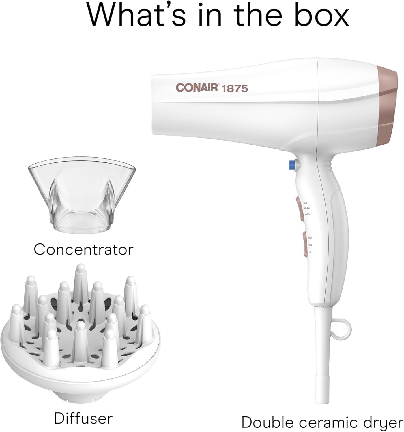 Conair Double Ceramic Ionic Hair Dryer, 1875W Blow Dryer with Diffuser & Concentrator (White)