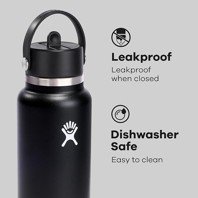Hydro Flask 32 Oz Wide Flex Straw Cap Bottle - Insulated Stainless Steel - Wide Straw Lid, Non Spill, Leakproof in Black